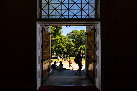 the open doorway of a building on campus