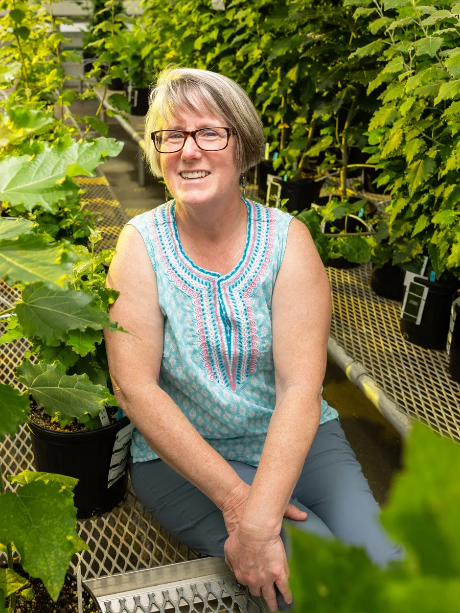 A profile photo of Robin Buell, a researcher at the University of Georgia. She is surrounded by lots of plant life in a green house.