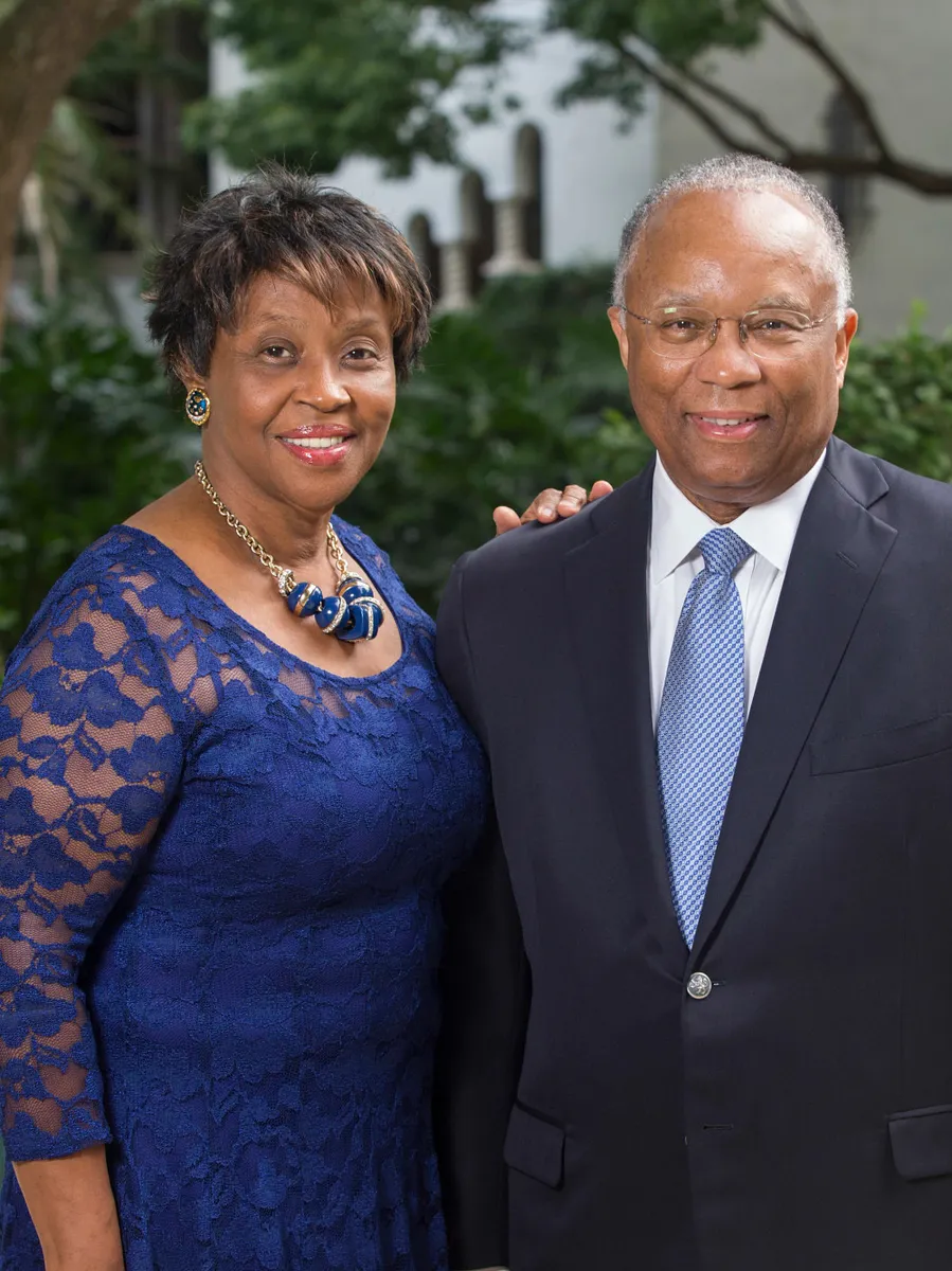 A close-up profile photo of Larry and Brenda Thompson, major donors for the University of Georgia. They are in formal wear and smiling at the camera.