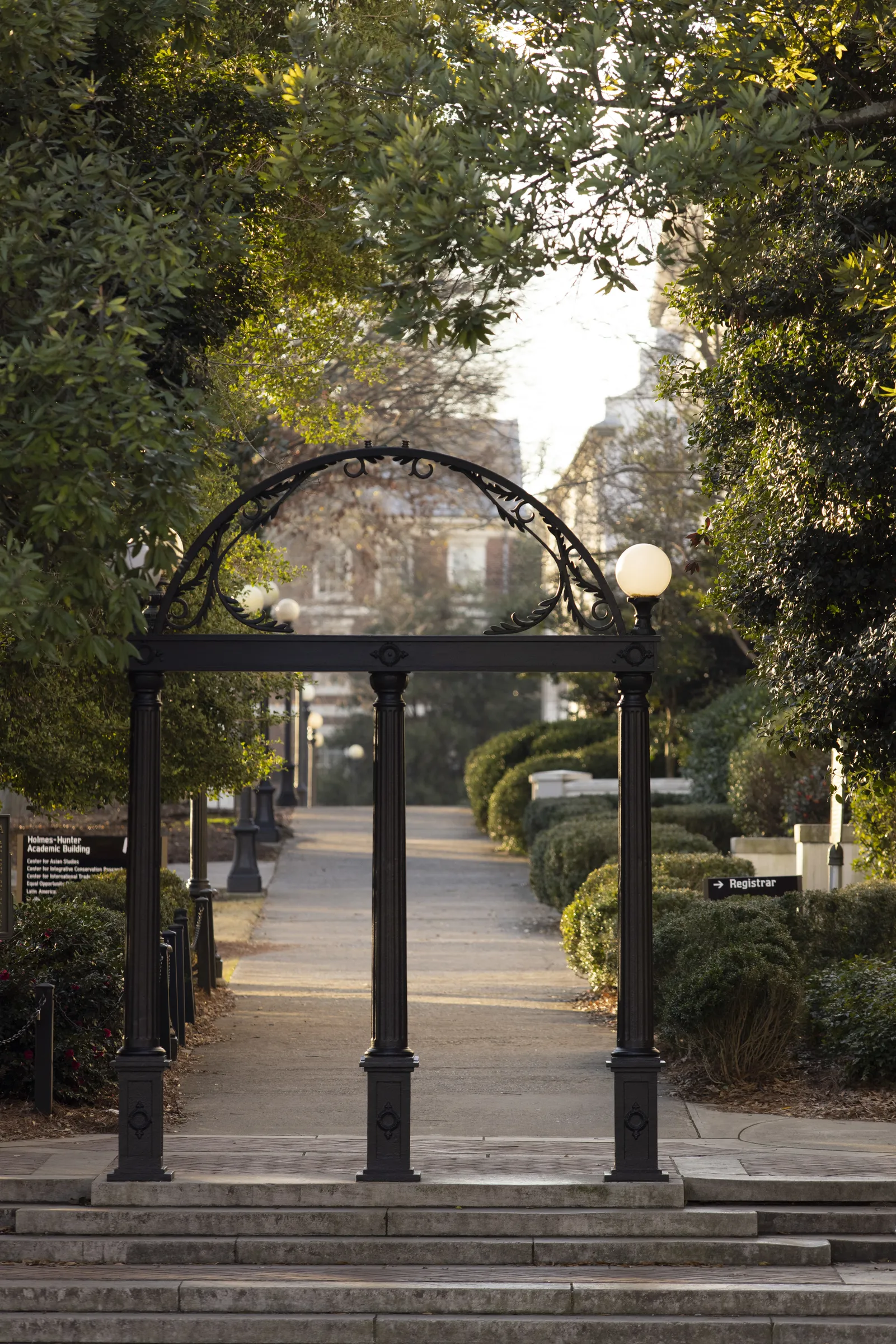 An iconic large iron arch on the University of Georgia campus is framed by sunlight and greenery.